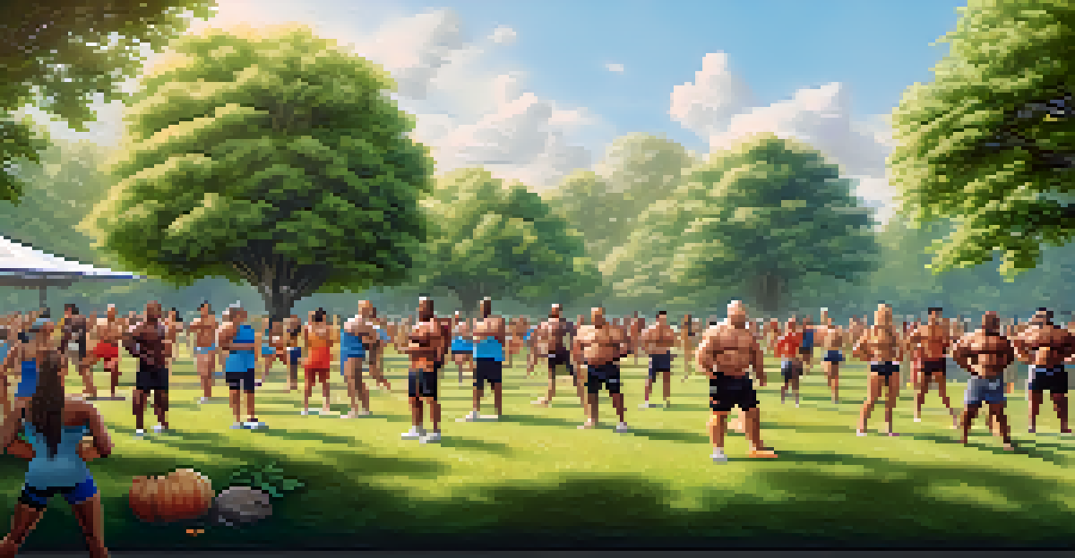 A diverse group of vegetarian bodybuilders exercising outdoors in a park, engaging in weightlifting, yoga, and jogging surrounded by greenery.