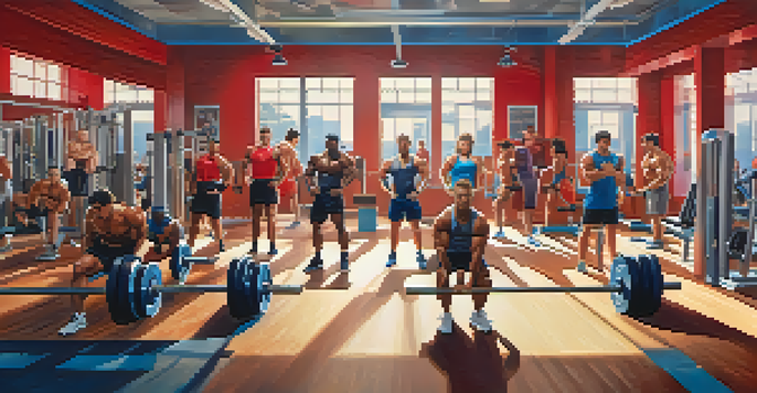 A diverse group of individuals lifting weights in a modern gym, showcasing determination and strength.