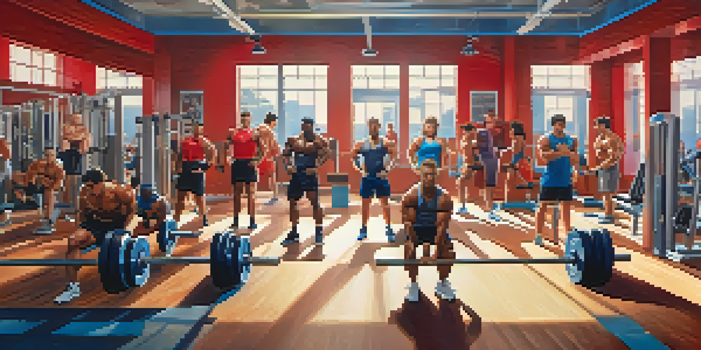 A diverse group of individuals lifting weights in a modern gym, showcasing determination and strength.