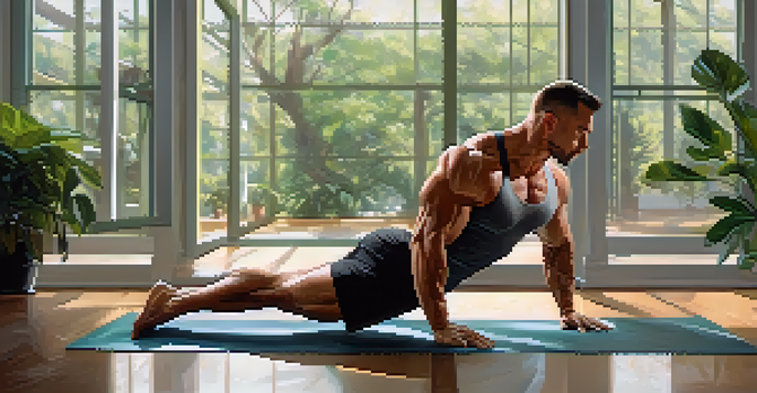 A bodybuilder stretching in a gym, showcasing muscle definition while surrounded by plants and fitness equipment.
