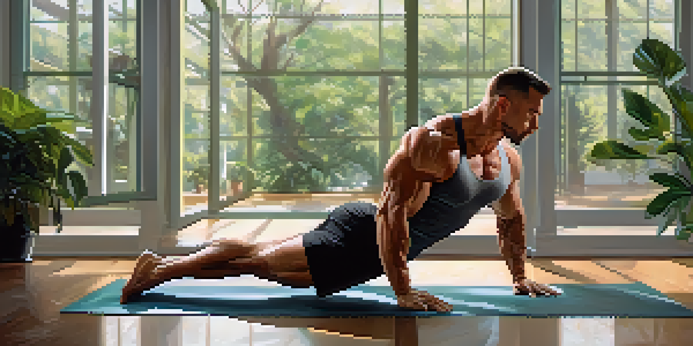 A bodybuilder stretching in a gym, showcasing muscle definition while surrounded by plants and fitness equipment.
