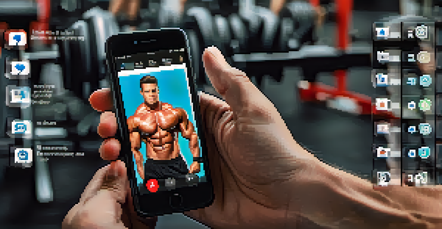 A smartphone displaying inspiring bodybuilding transformation photos in a gym setting.