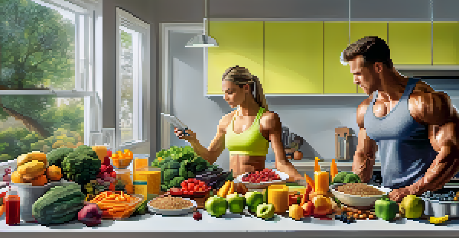A coach and bodybuilder discussing a healthy meal plan surrounded by colorful food ingredients in a bright kitchen.
