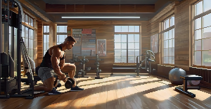 A bodybuilder squatting in a bright gym, showcasing proper form with sunlight streaming in through the windows.