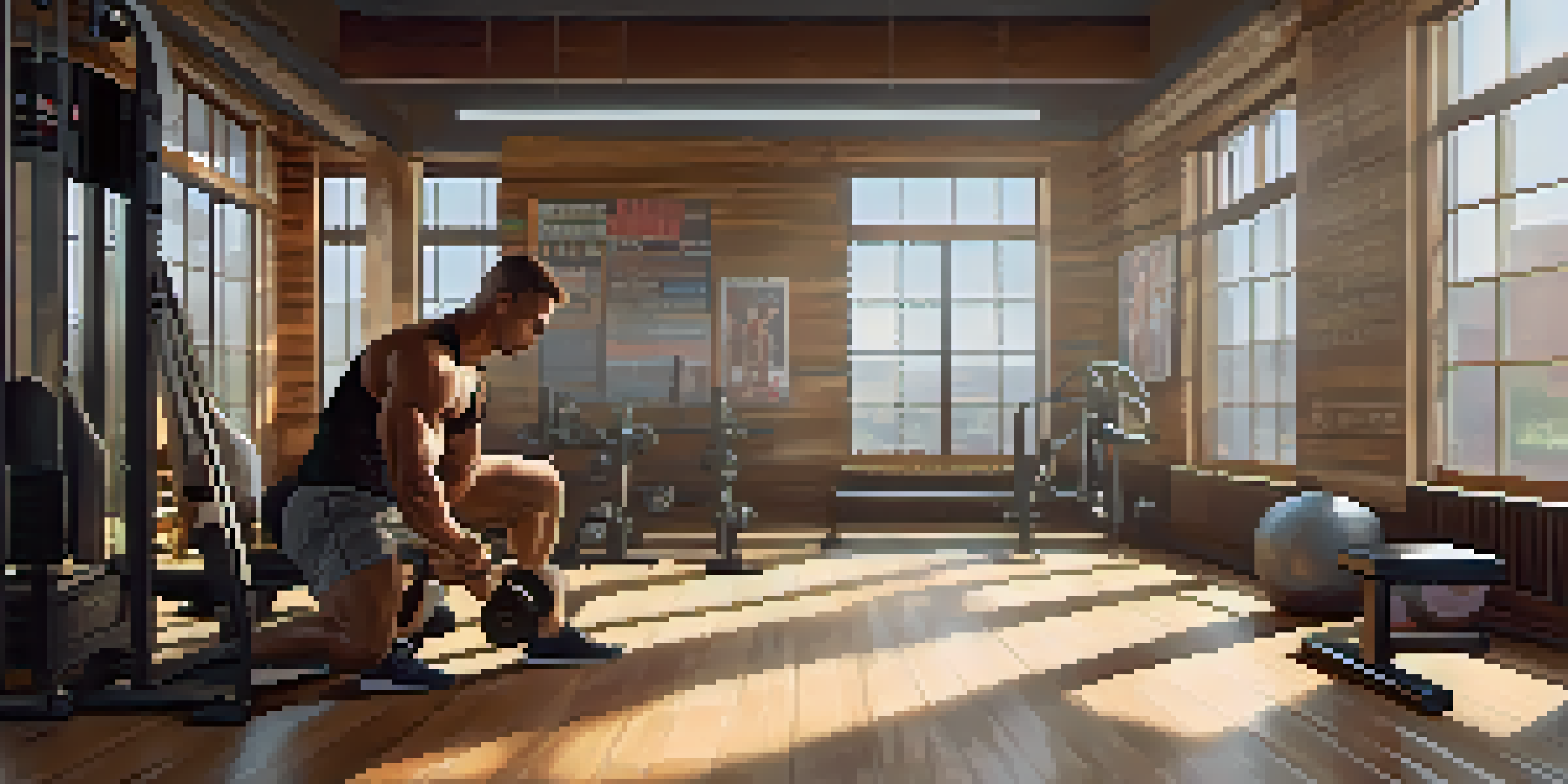 A bodybuilder squatting in a bright gym, showcasing proper form with sunlight streaming in through the windows.