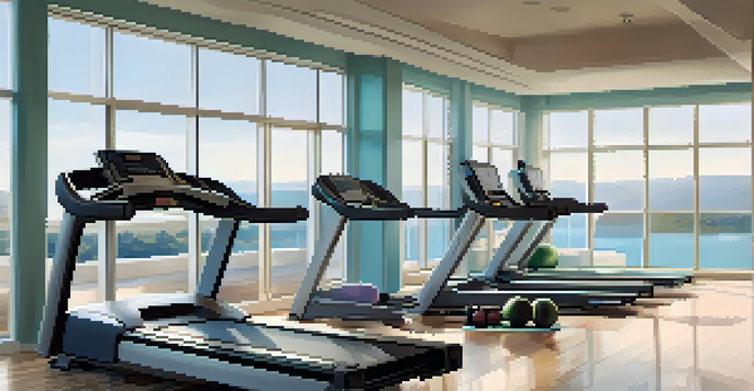 A bright hotel gym with modern equipment and a view, filled with natural light.