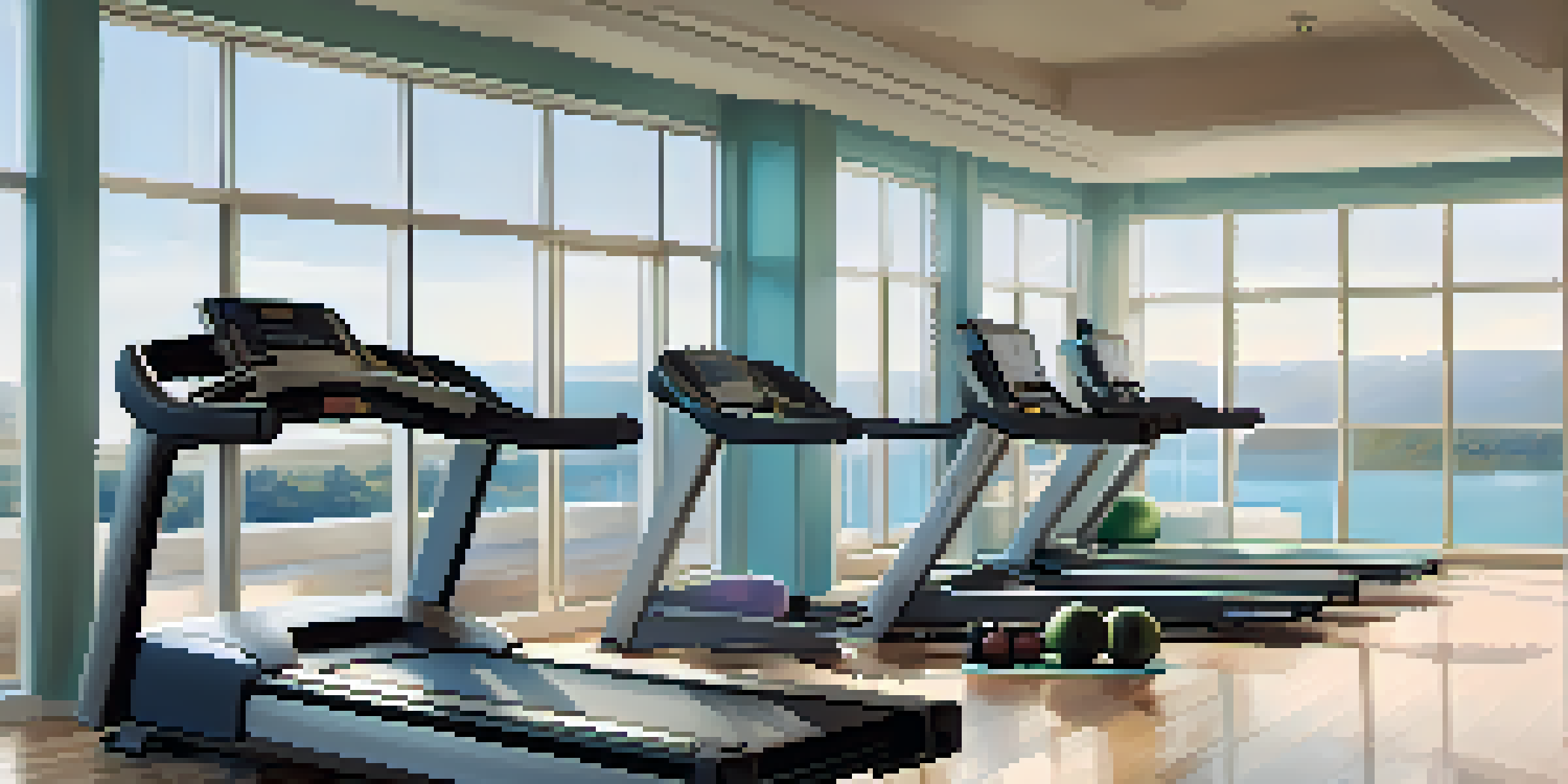 A bright hotel gym with modern equipment and a view, filled with natural light.
