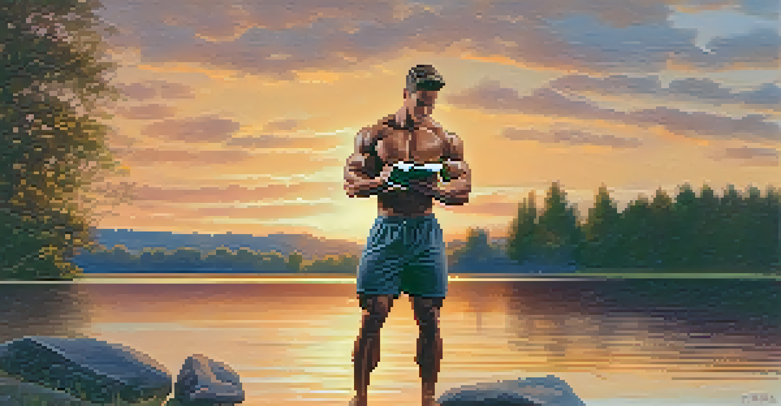 A bodybuilder by a lake at sunset, holding a fitness journal and reflecting on their progress with a confident smile.