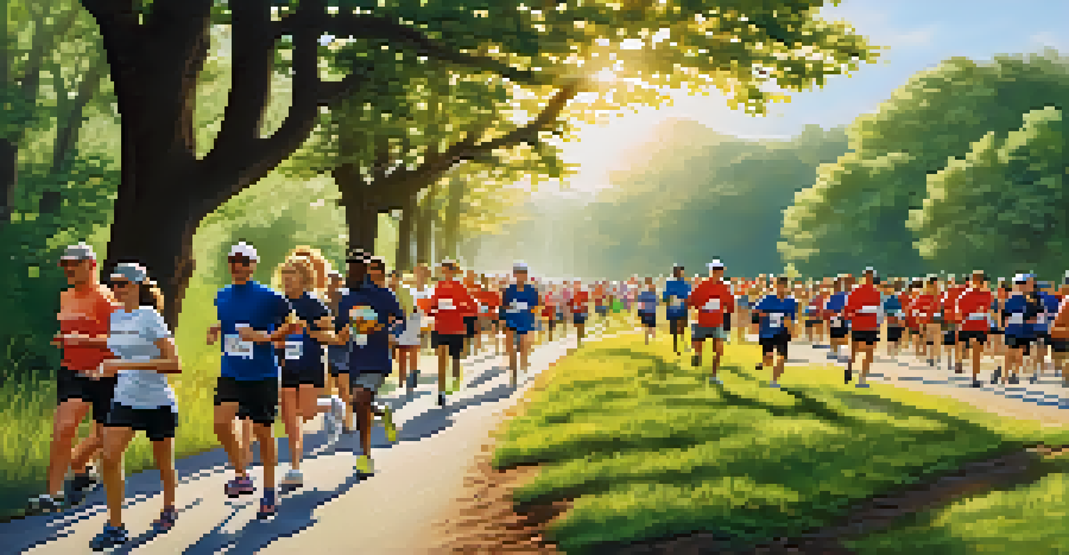 Participants running in a charity fitness marathon outdoors, wearing matching t-shirts and encouraging each other.