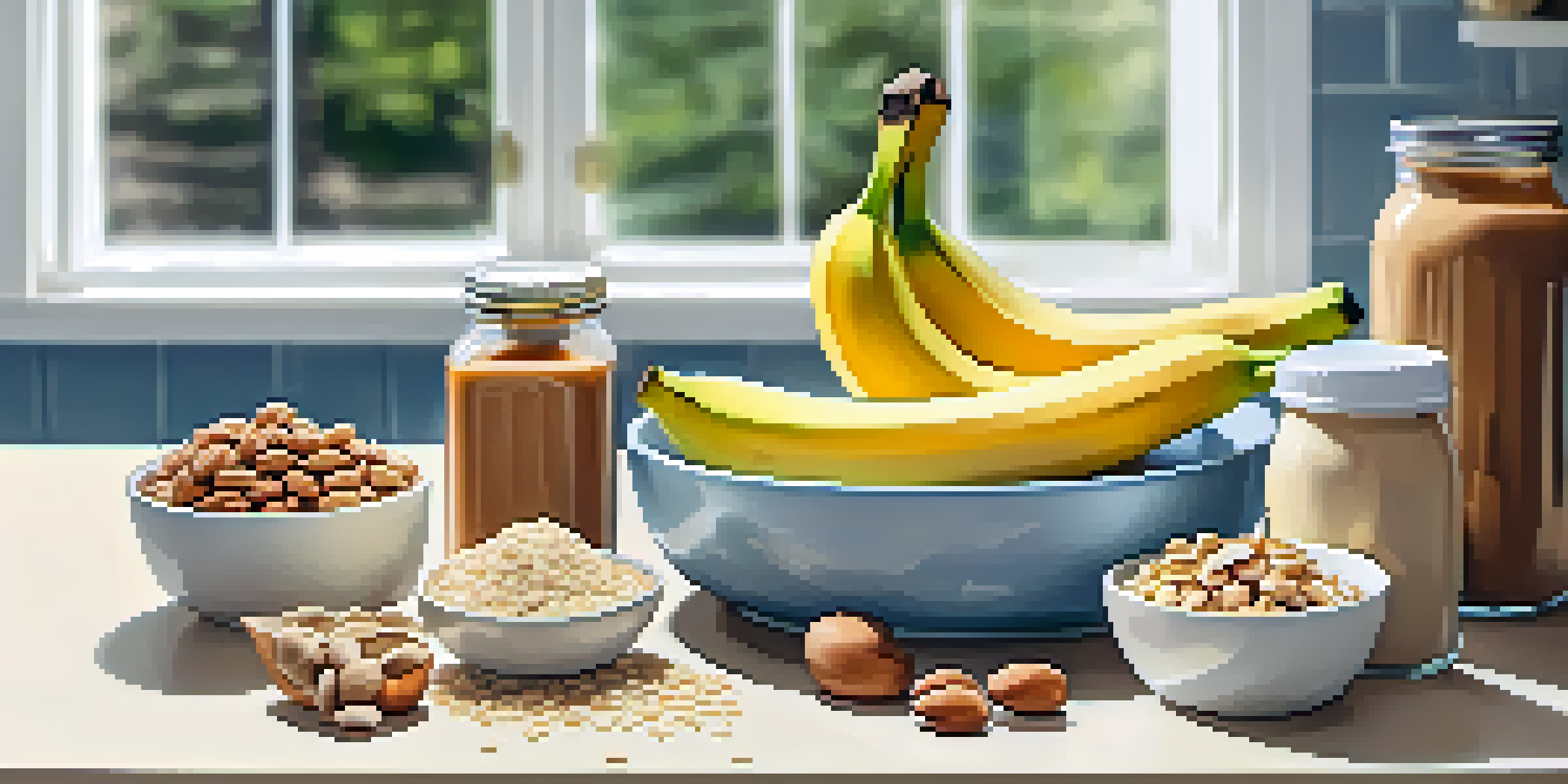A kitchen countertop with healthy pre-workout snacks including a banana, oatmeal, and peanut butter, illuminated by natural light.