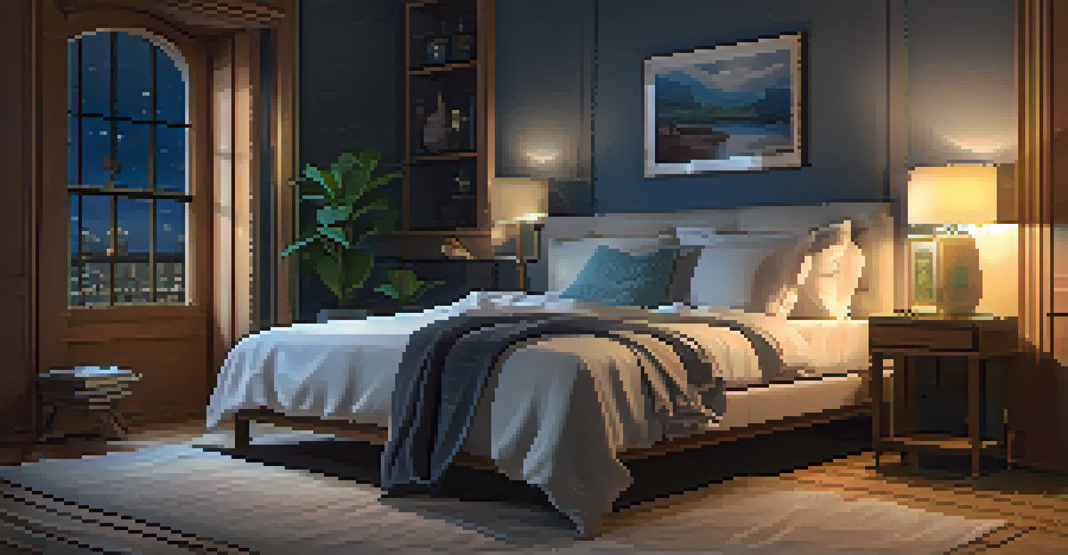 A cozy bedroom at night with a soft bed, warm bedside lamp, sleep mask, and book, promoting a peaceful sleep environment.