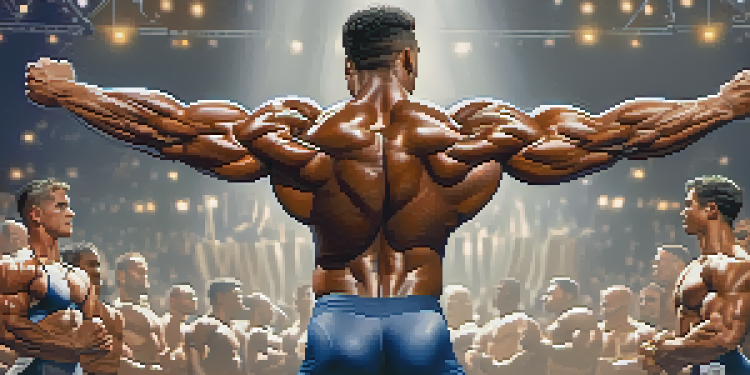 A natural bodybuilding competitor on stage, displaying defined muscles with a spotlight on their physique while the audience is blurred in the background.
