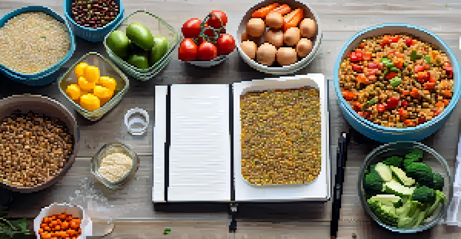 A close-up of a notebook with handwritten notes and healthy meal prep containers filled with colorful ingredients on a table, conveying a sense of organization.