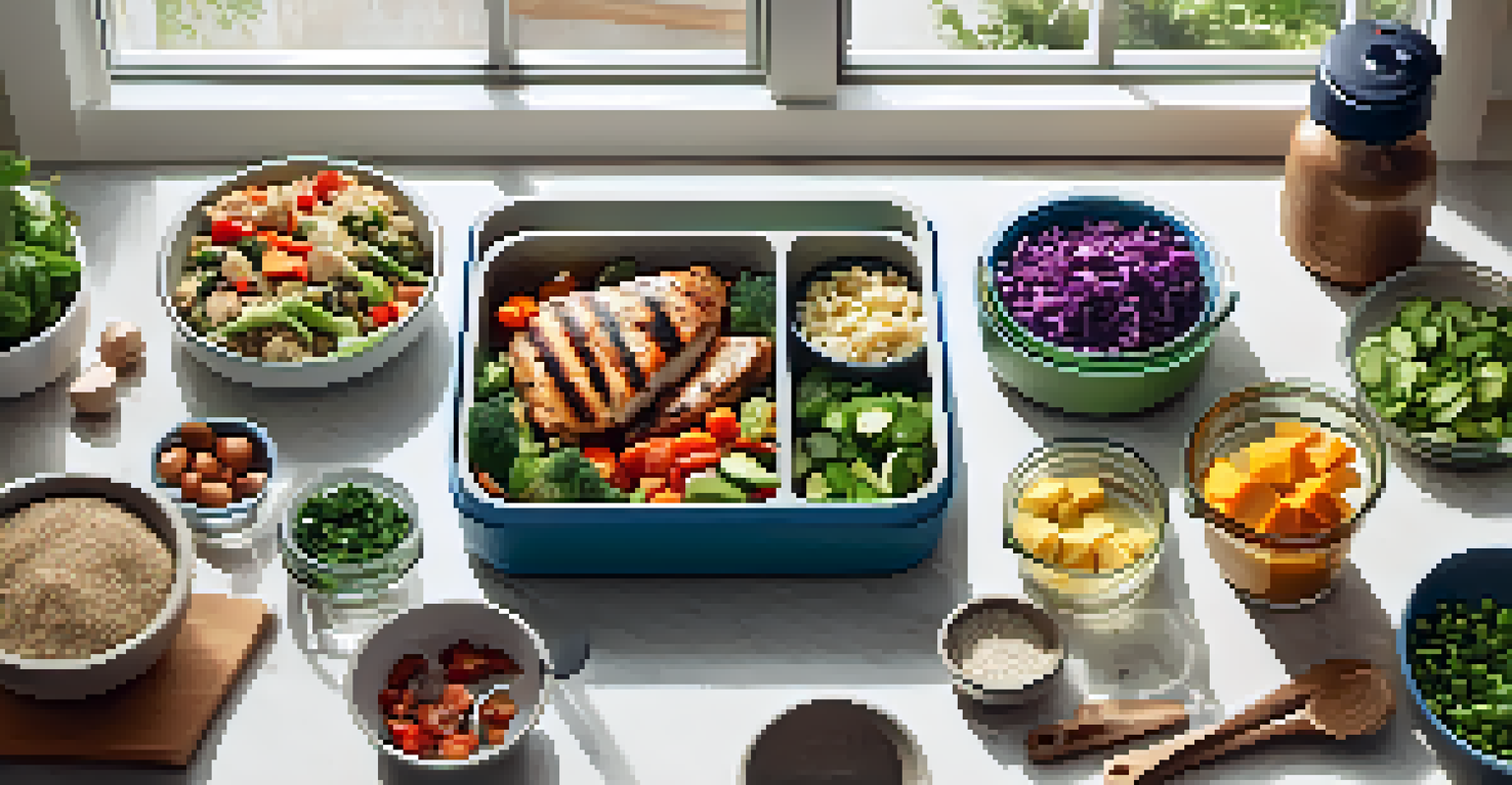 A colorful meal prep scene with containers filled with grilled chicken, quinoa, and vegetables, set in a bright kitchen environment.