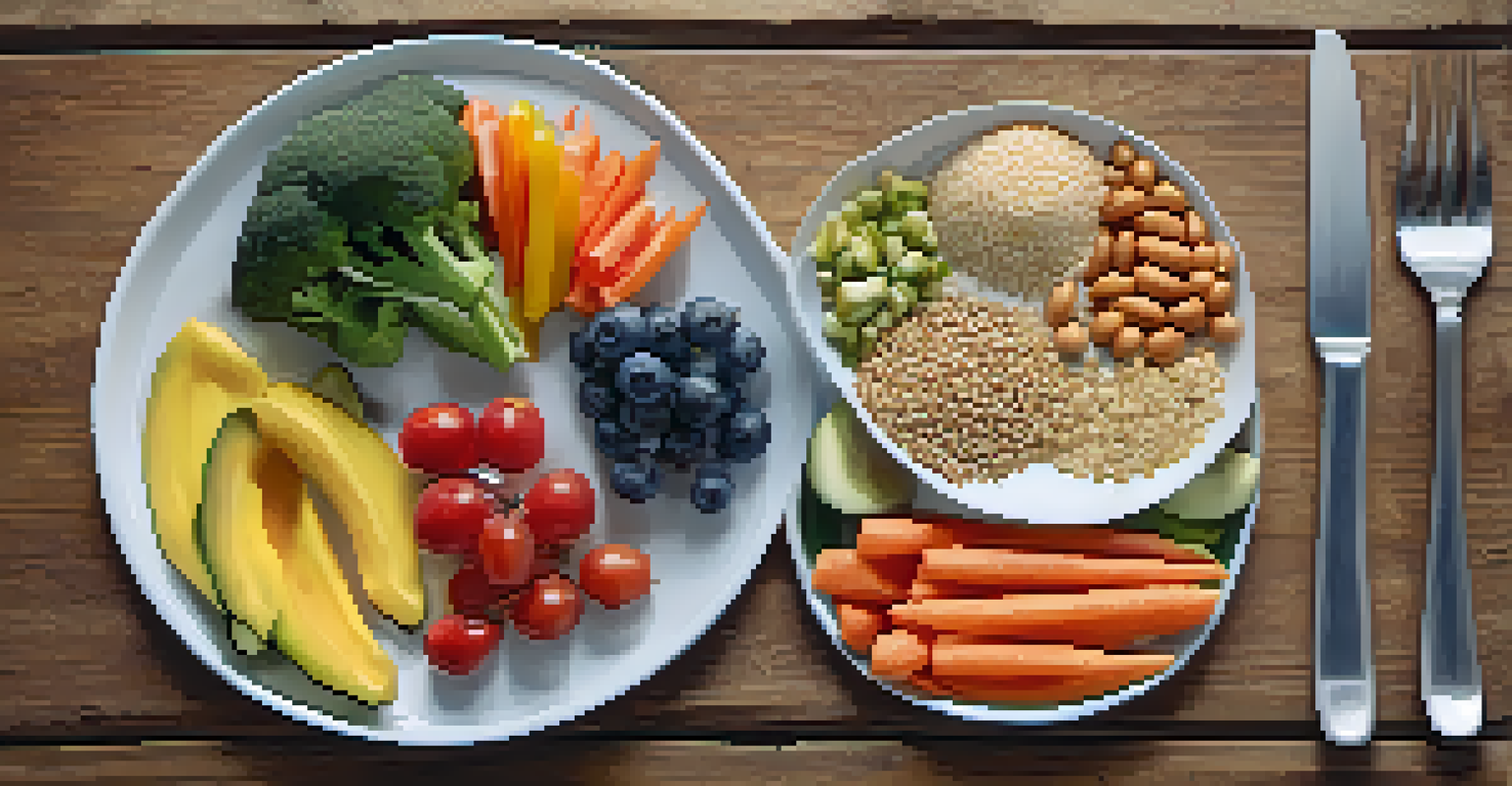 A close-up of a balanced meal plate with sections of whole grains, lean protein, and colorful vegetables on a rustic wooden table, suggesting a focus on meal timing.