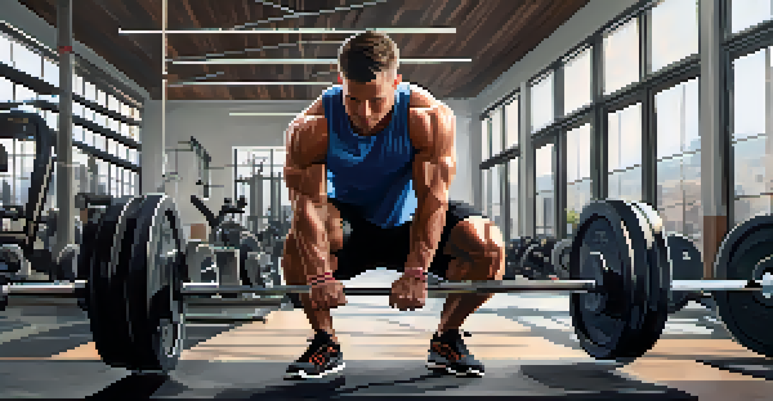 A muscular man performing squats in a modern gym, with weights and natural light highlighting his focus and effort.