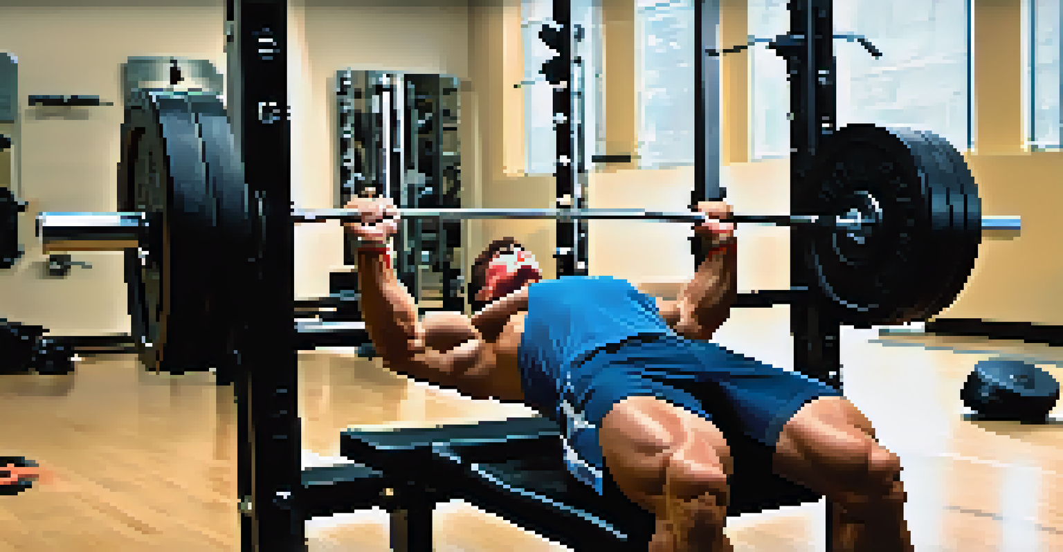 A person bench pressing a barbell on an adjustable weight bench, with a focus on their form and determination in a well-lit gym.
