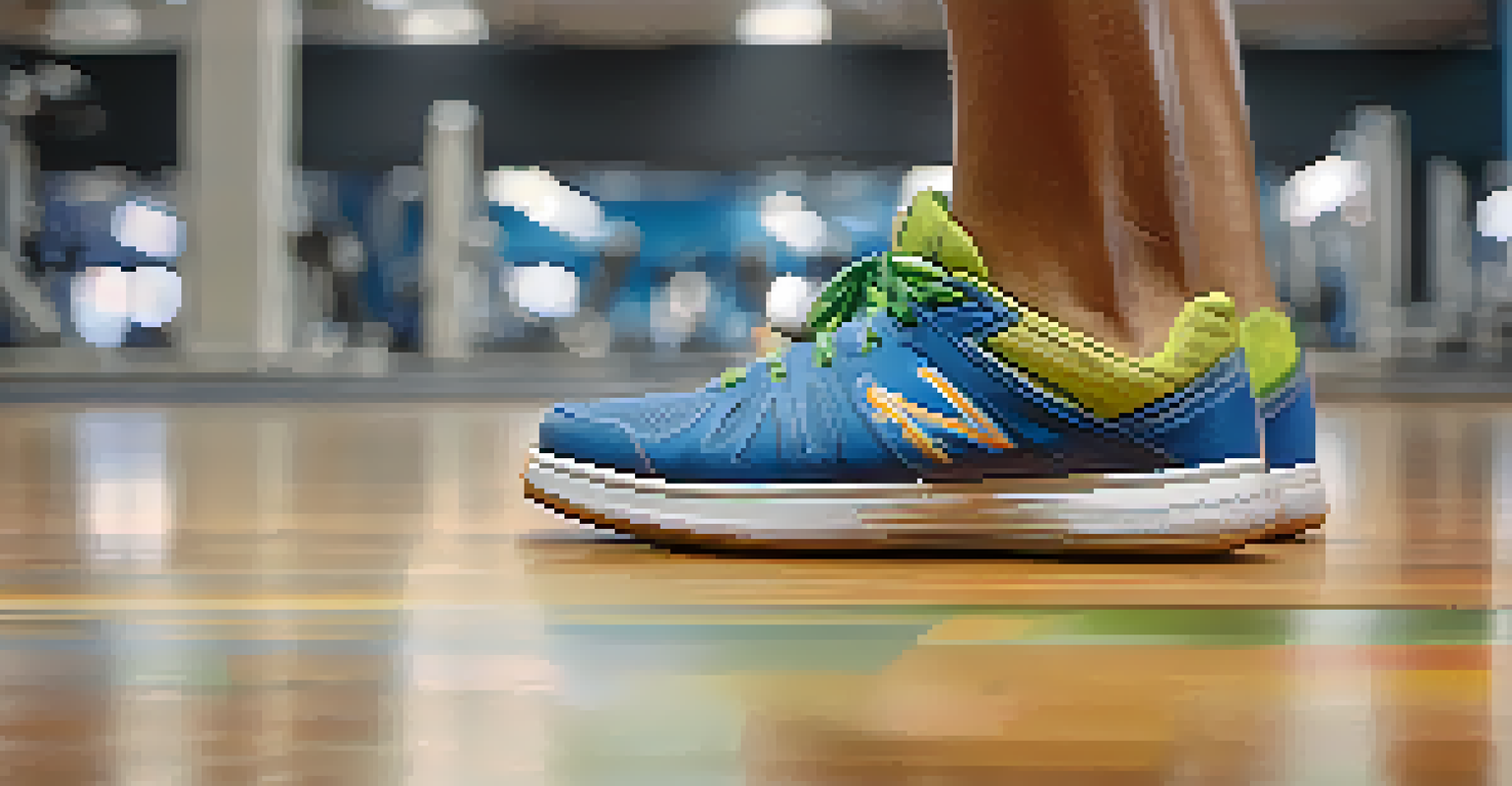 Close-up of colorful athletic shoes on a gym floor, with a blurred background of a bodybuilder preparing for exercise.
