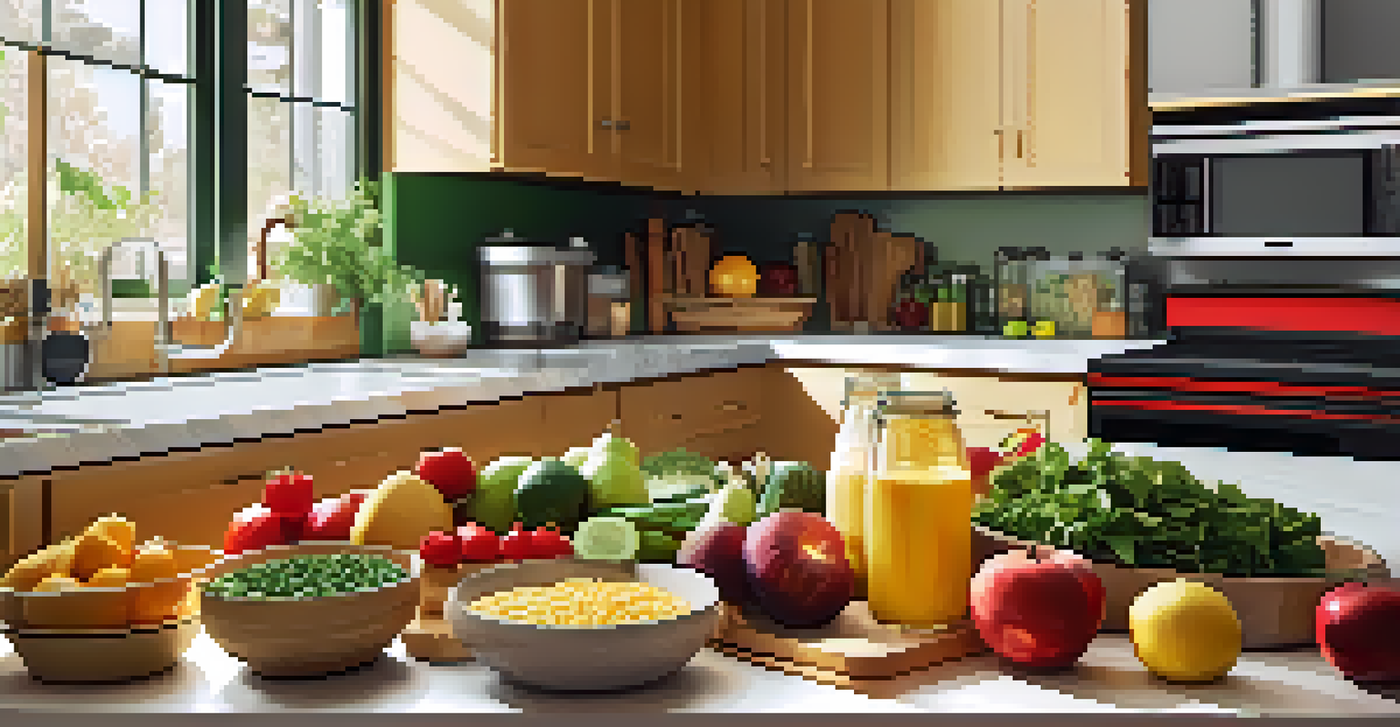 A bright kitchen with healthy meal prep, showcasing colorful fruits, vegetables, and nutrition containers.