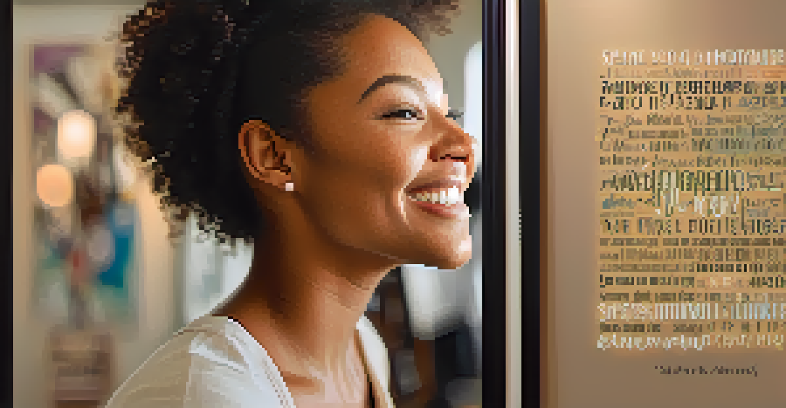 A person smiling at their reflection in a mirror, surrounded by motivational quotes in a warmly lit room, symbolizing self-love and body positivity.