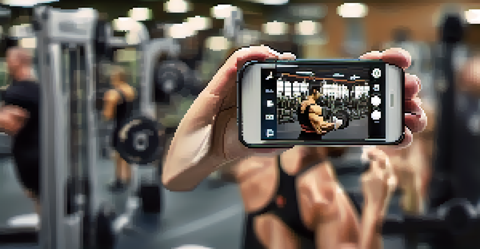 A close-up of a smartphone showing transformation photos and motivational quotes from a bodybuilding social media challenge in a gym.