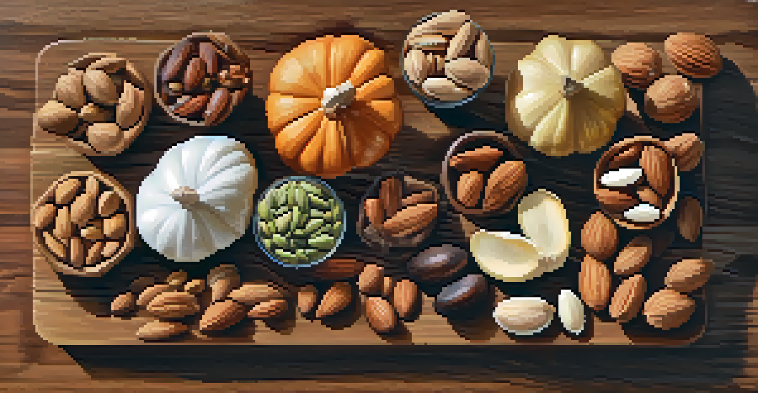 A close-up view of assorted nuts and seeds on a cutting board, with olive oil in a bowl, illuminated by natural light.