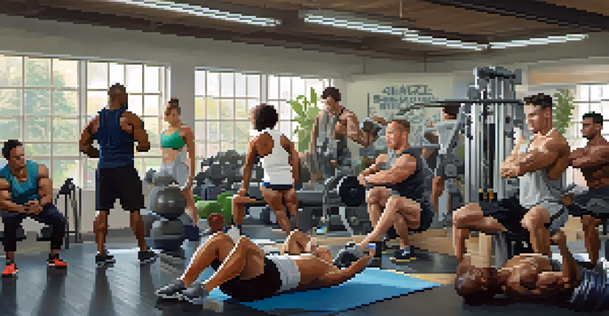 A diverse group of individuals working out in a bright gym, lifting weights and supporting each other with motivational posters in the background.