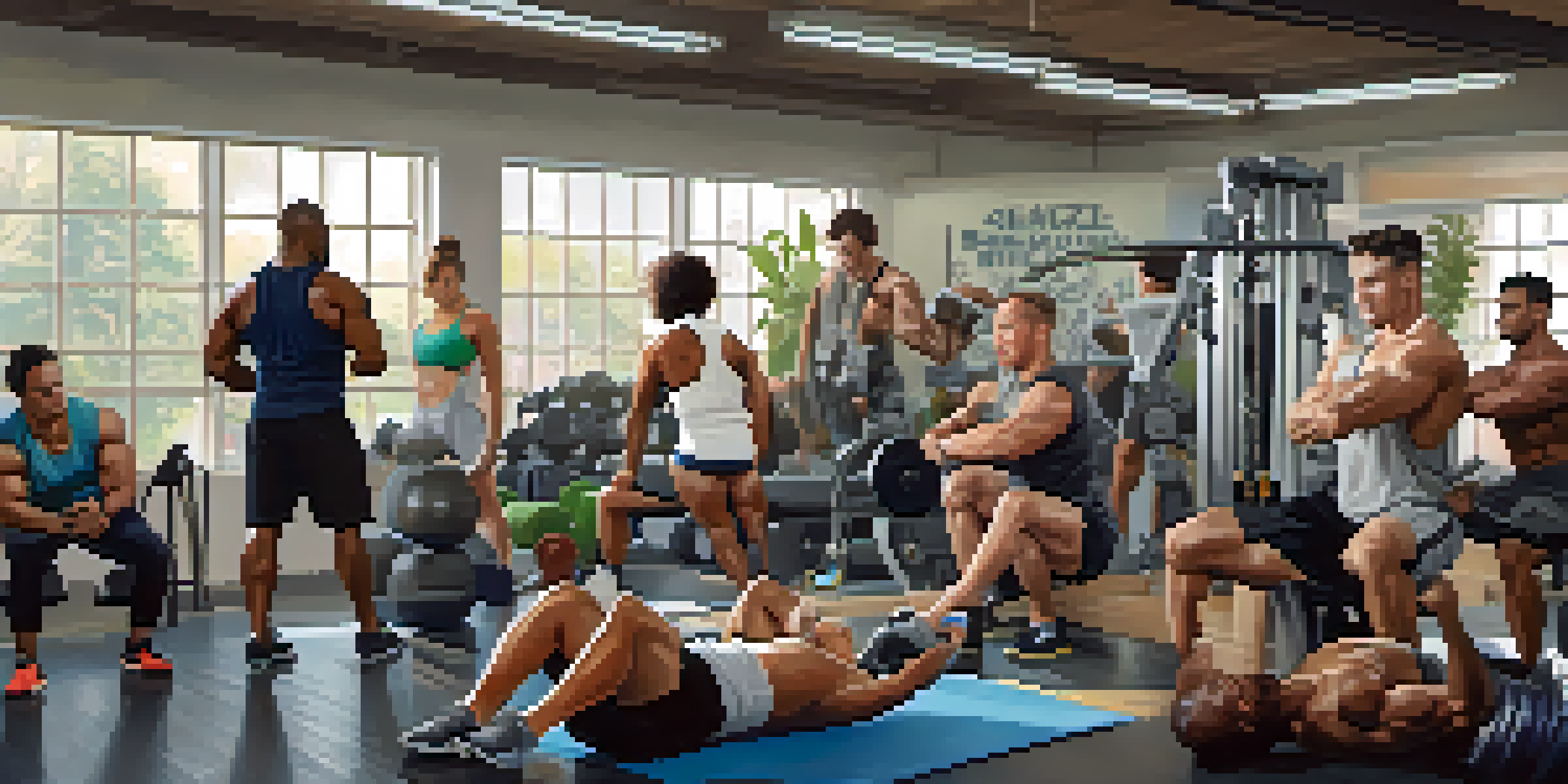 A diverse group of individuals working out in a bright gym, lifting weights and supporting each other with motivational posters in the background.