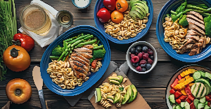 A colorful flat lay of a healthy meal prep for endurance athletes, including pasta, grilled chicken, vegetables, and fruits.