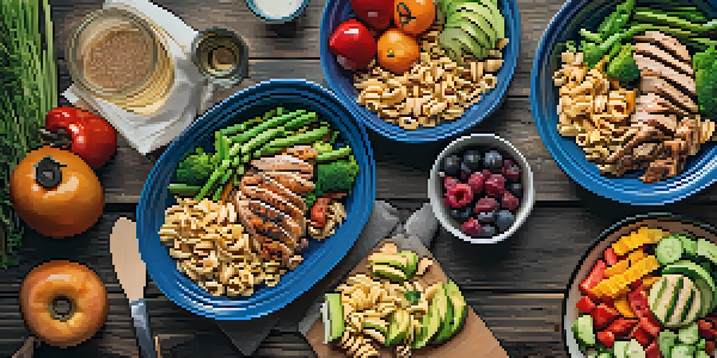 A colorful flat lay of a healthy meal prep for endurance athletes, including pasta, grilled chicken, vegetables, and fruits.