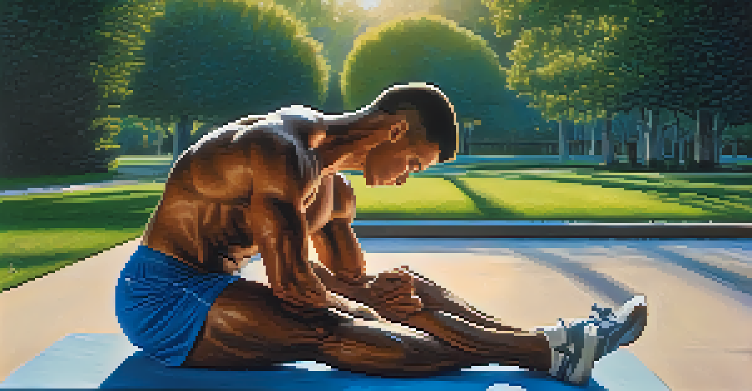 A bodybuilder stretching outdoors in a park at sunrise, emphasizing flexibility and mobility.