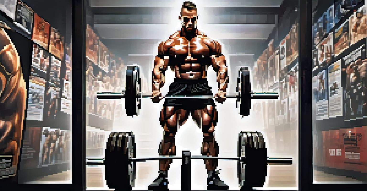 A bodybuilder lifting weights with determination in a gym, surrounded by motivational posters.