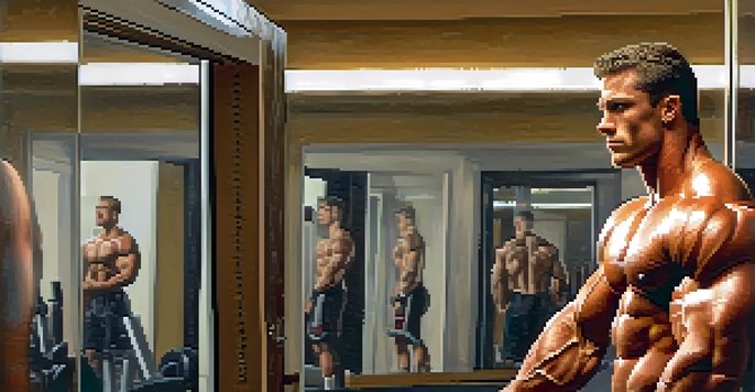 A bodybuilder looking confidently at their reflection in a mirror, showcasing a strong physique with gym equipment in the background.