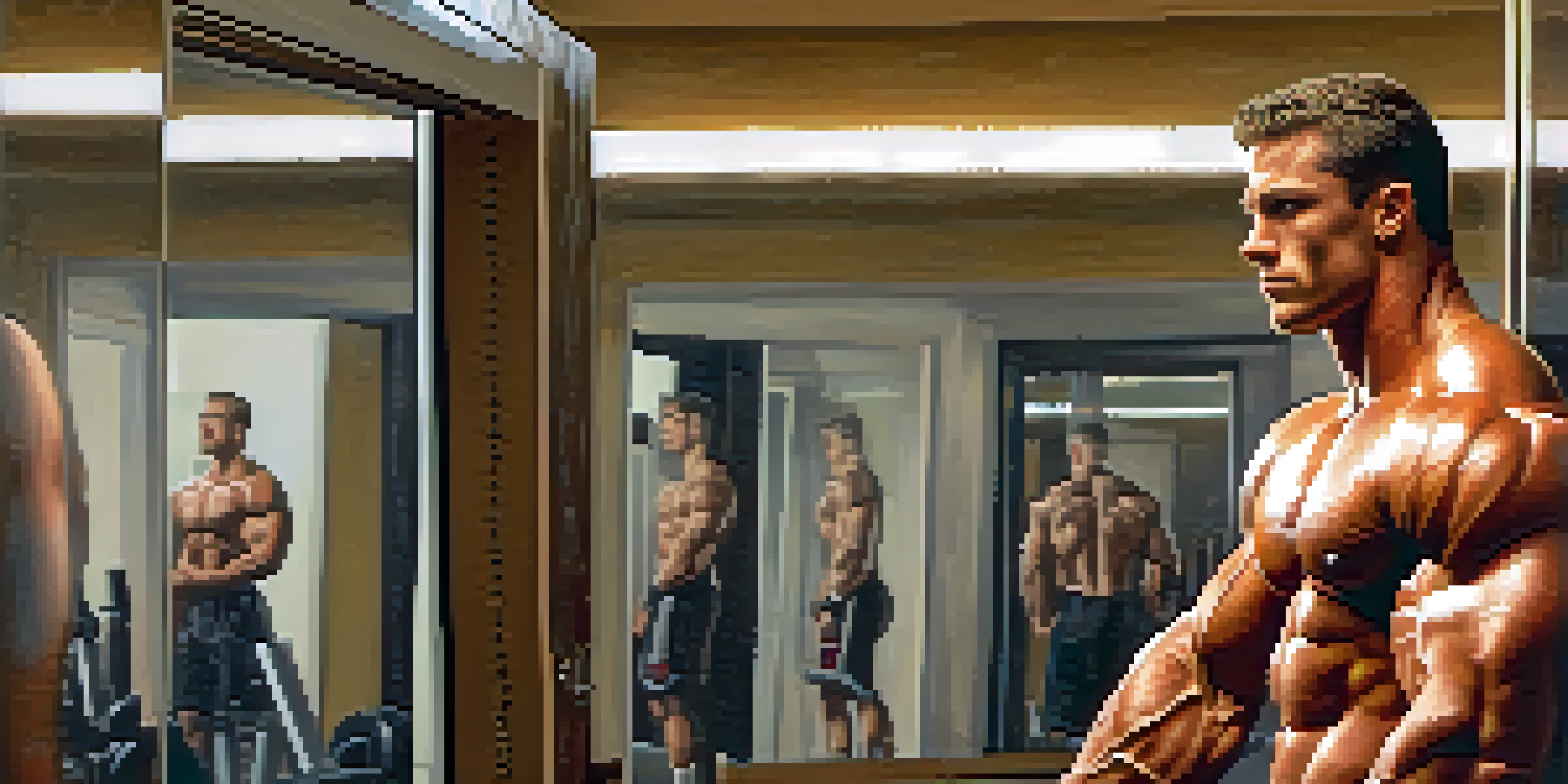A bodybuilder looking confidently at their reflection in a mirror, showcasing a strong physique with gym equipment in the background.