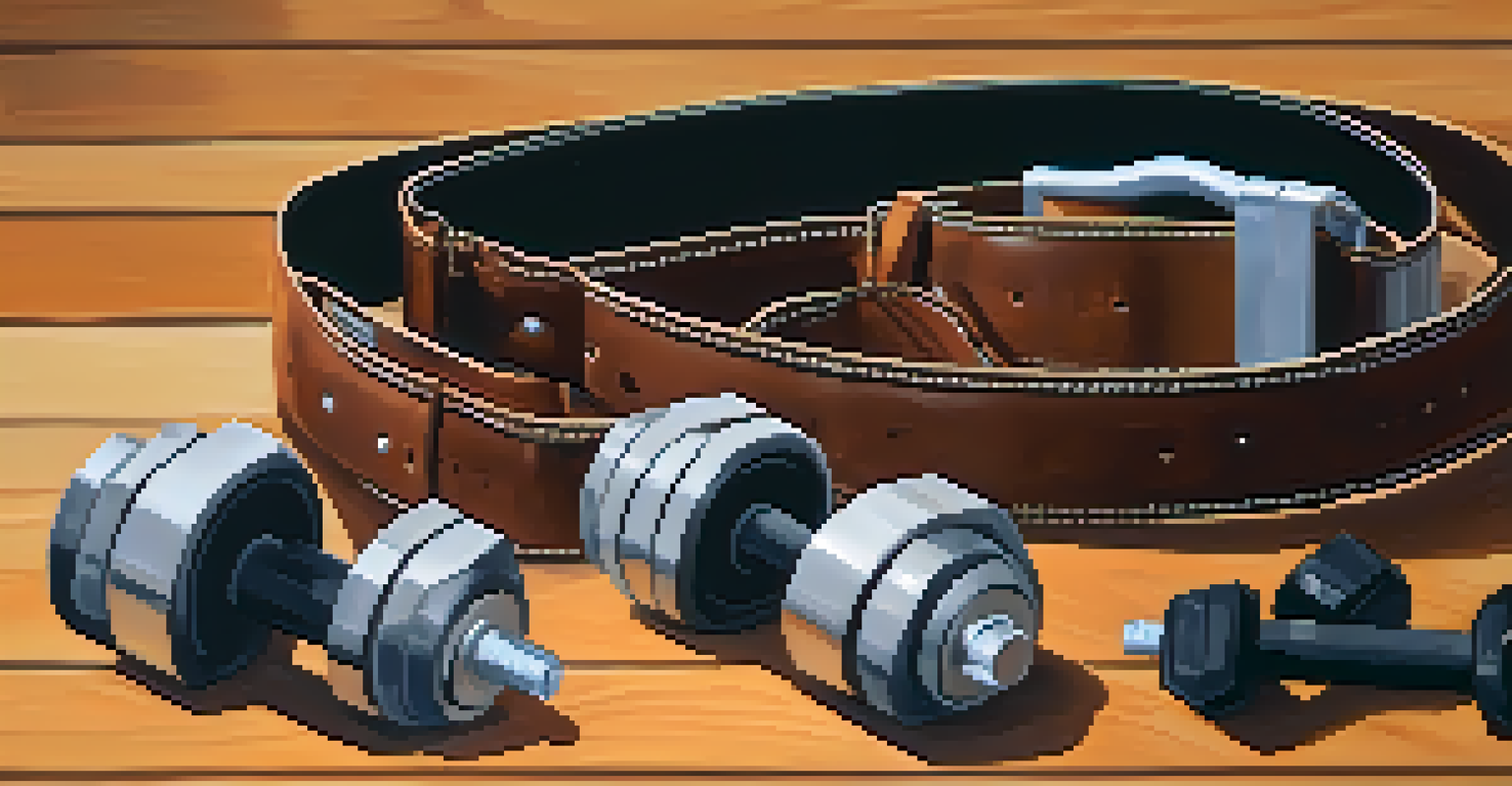 A leather weightlifting belt placed on a wooden bench among gym accessories.