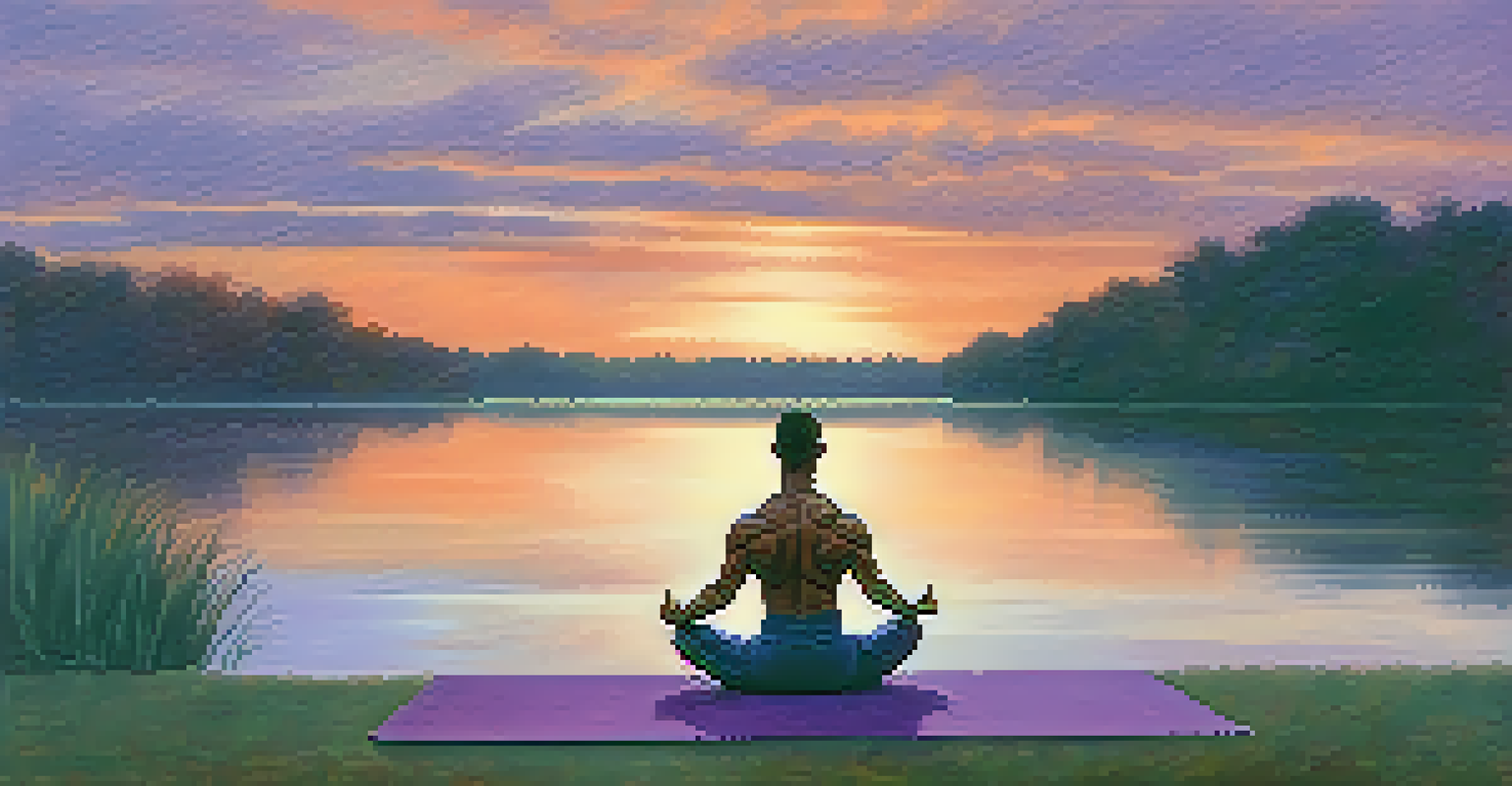 A bodybuilder practicing mindfulness in a meditative pose at sunset by a lake, surrounded by nature.