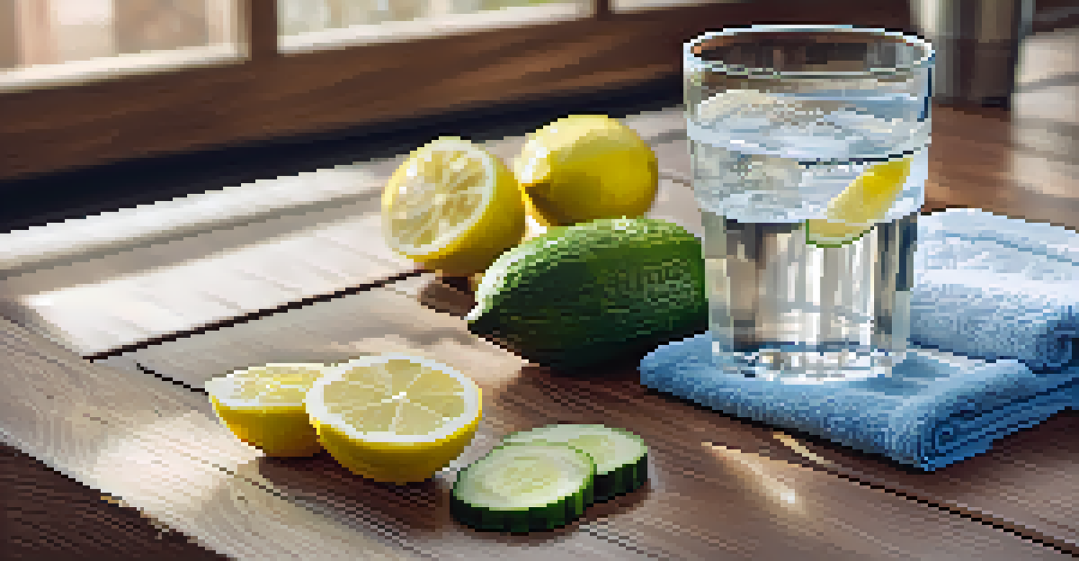 A glass of water infused with lemon and cucumber slices on a wooden surface, with a fitness tracker and towel in the background.