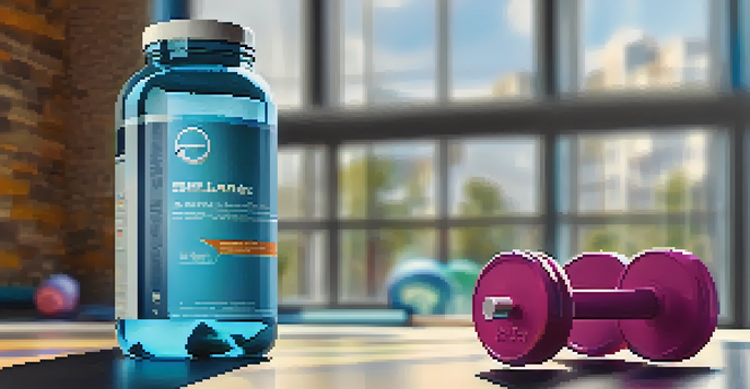 A glass of water with beta-alanine powder next to it, in a bright gym environment filled with exercise equipment.