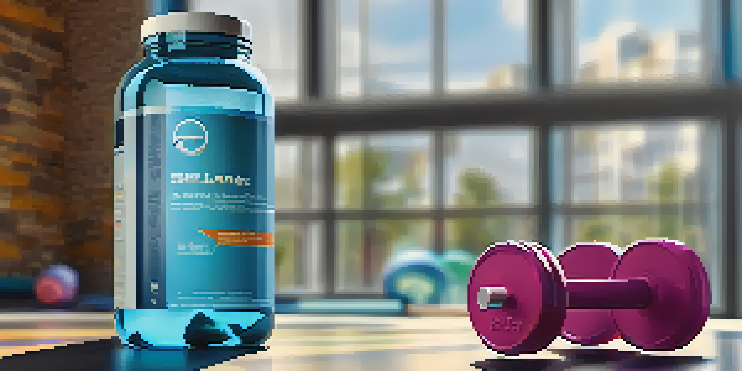 A glass of water with beta-alanine powder next to it, in a bright gym environment filled with exercise equipment.