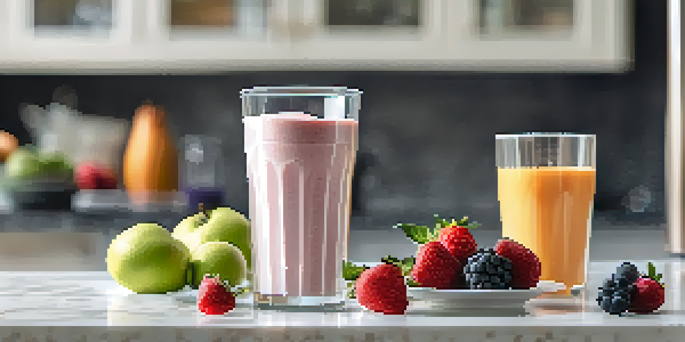A protein shake being poured into a glass with fresh fruits in the background.