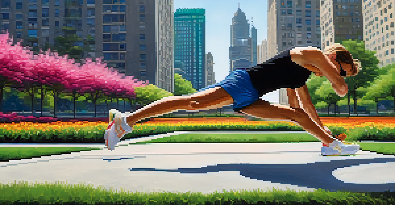 An athlete engaging in dynamic stretching in an urban park, surrounded by colorful flowers and tall buildings.