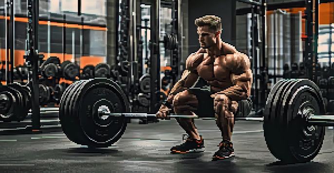 A muscular individual performing a heavy squat in a gym, displaying intense focus and determination.