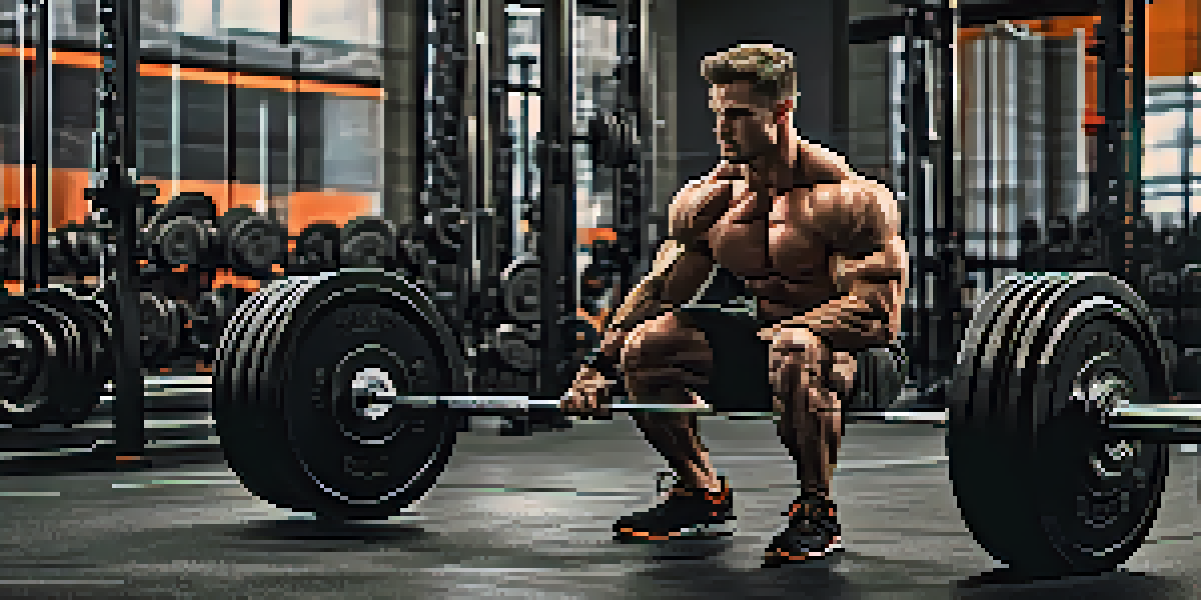 A muscular individual performing a heavy squat in a gym, displaying intense focus and determination.