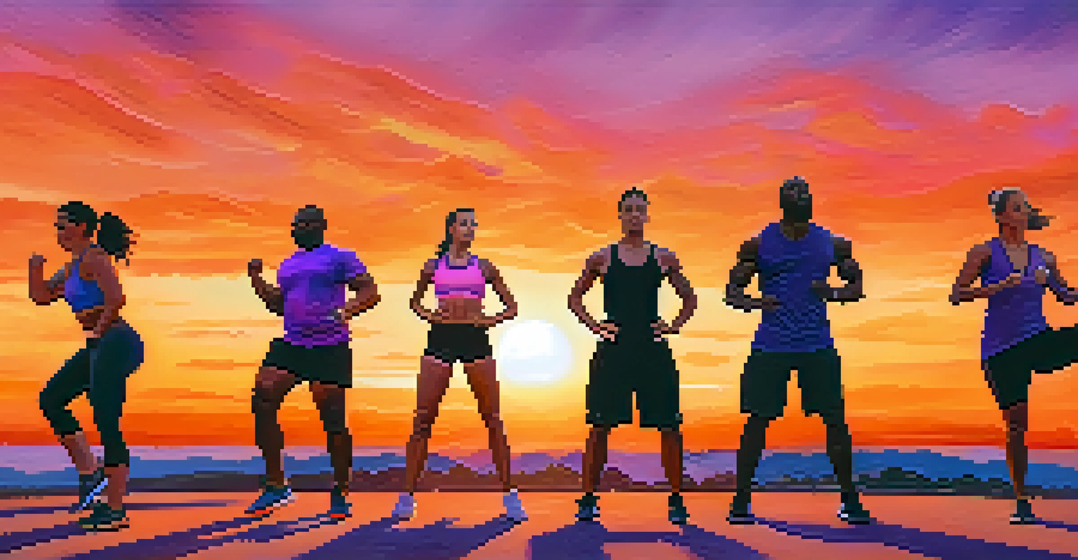 A diverse group exercising during an outdoor sunset fitness class, showcasing energy and teamwork in a vibrant setting.