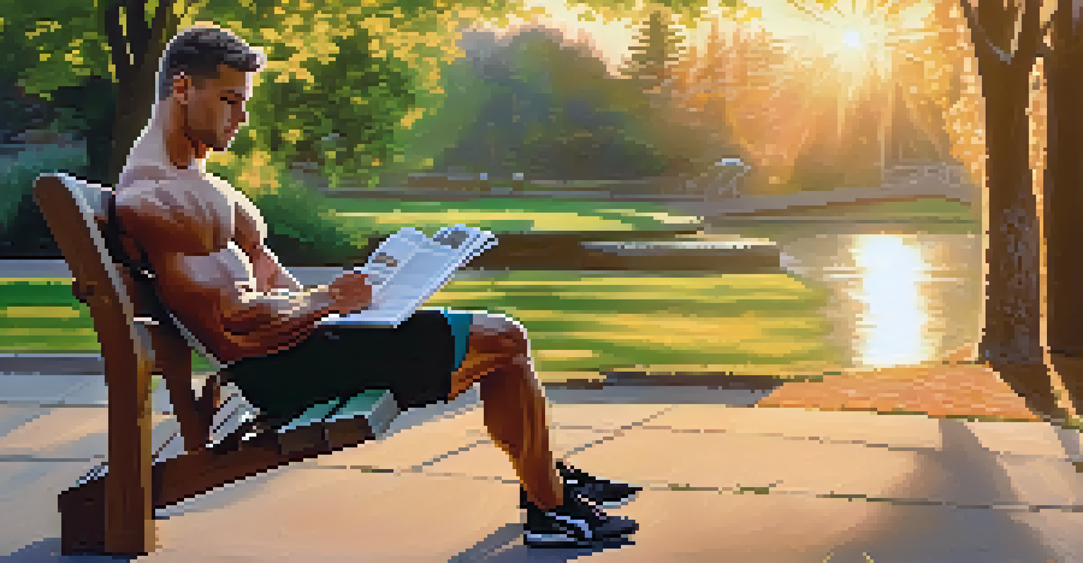 A male bodybuilder reading a health magazine in a park during sunset, surrounded by trees and greenery.