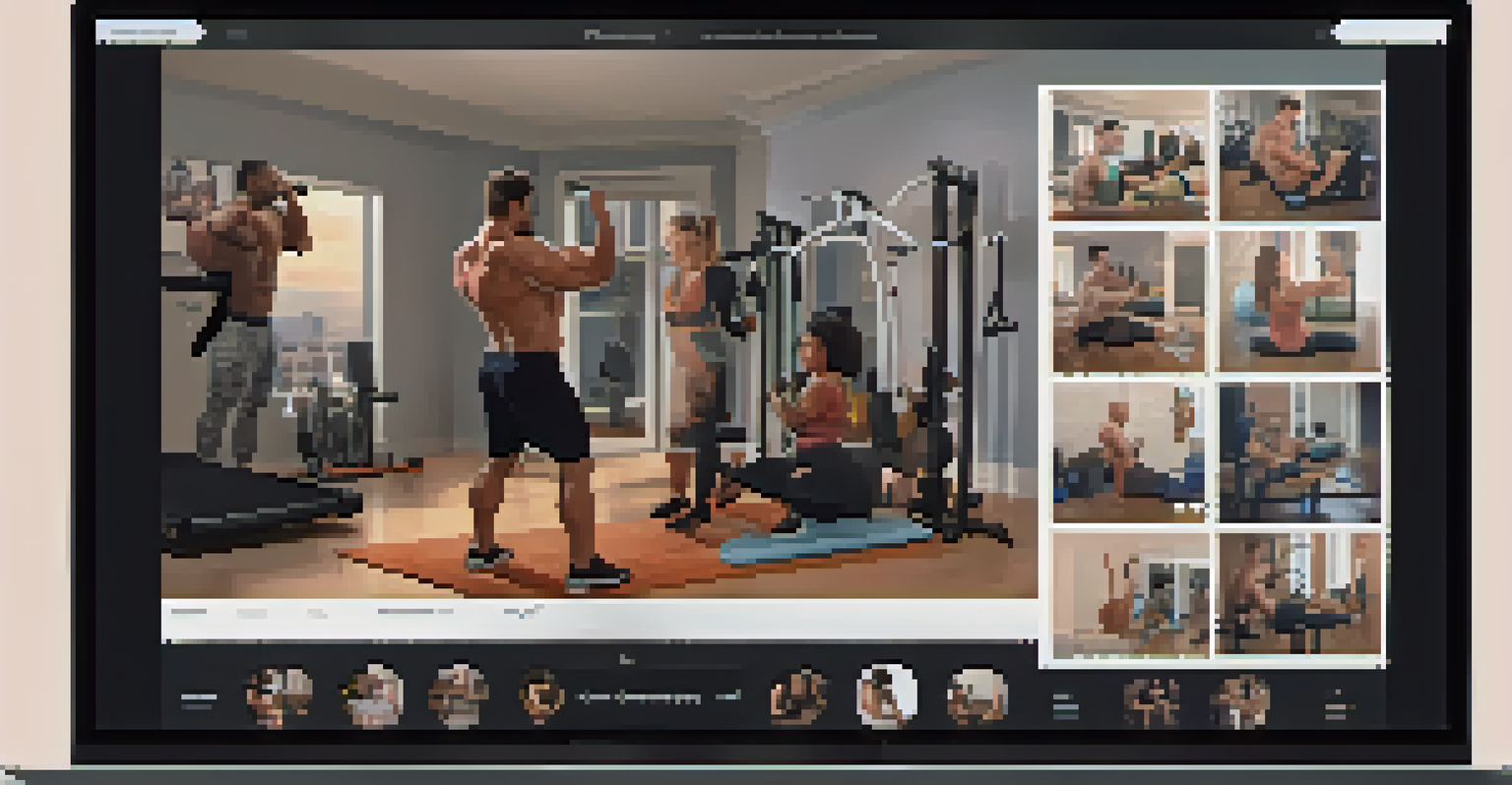 A video call with bodybuilders in their home gyms, smiling and encouraging each other during a workout.