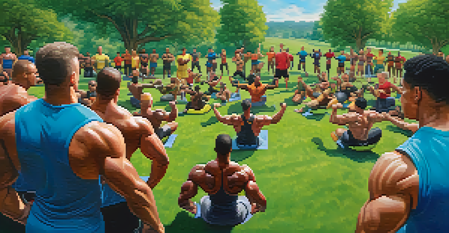 A group of diverse bodybuilders working out together in a park, showcasing camaraderie and teamwork.