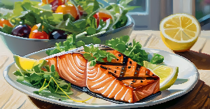 A close-up of a grilled salmon fillet on a plate with herbs and lemon, alongside a vibrant salad.