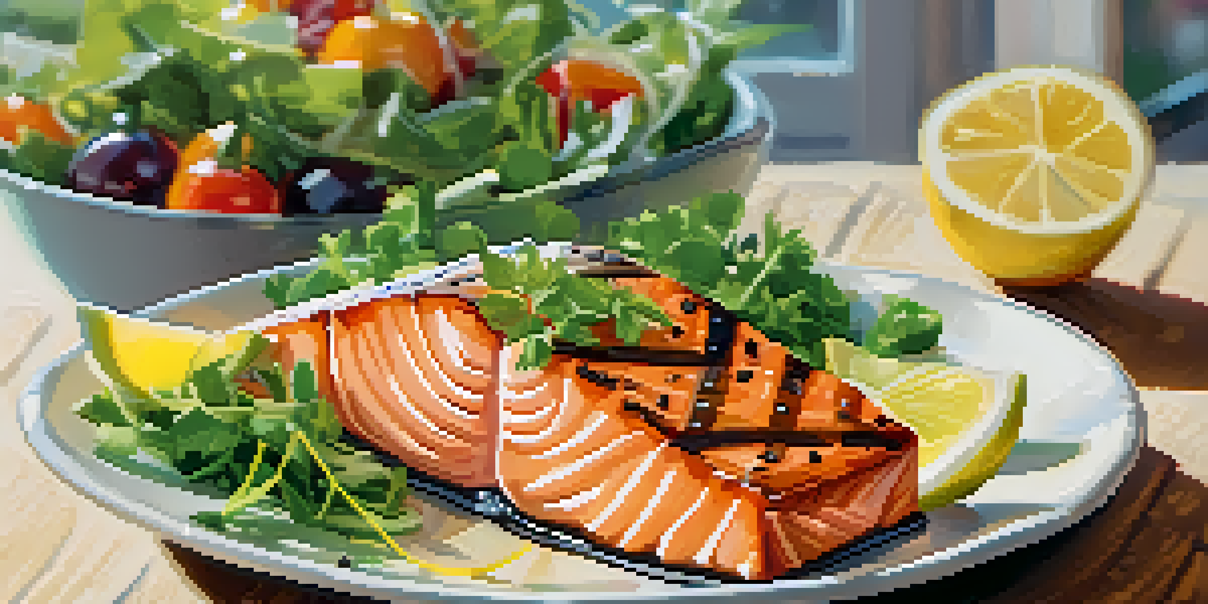 A close-up of a grilled salmon fillet on a plate with herbs and lemon, alongside a vibrant salad.