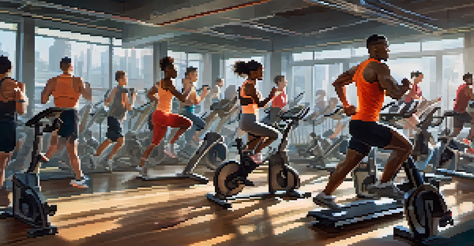 Diverse athletes performing a high-intensity workout in a gym, with pre-workout supplements in the background.